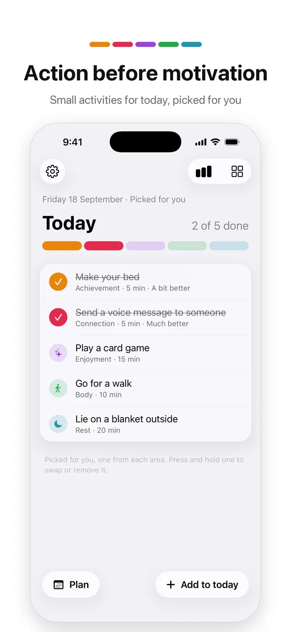 Bloom's Today screen with five activities, two ticked off