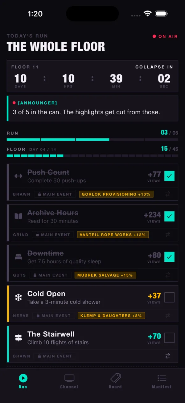 A full floor of habits with the countdown to collapse