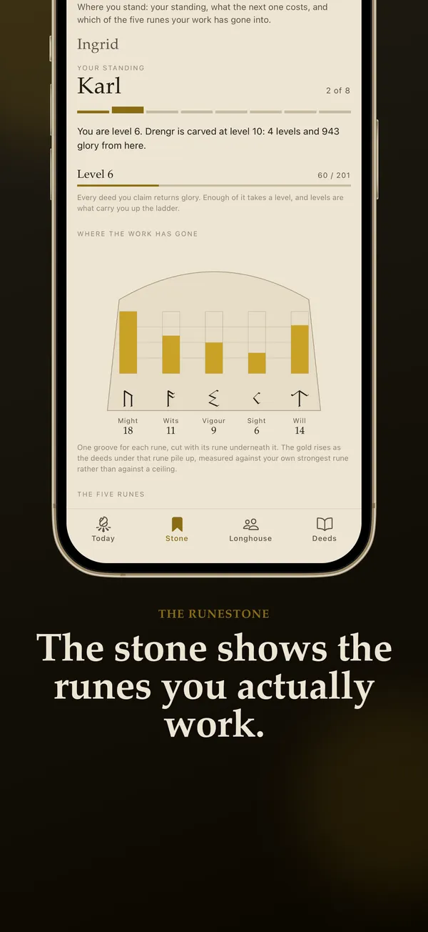 The standing stone showing which runes you work most